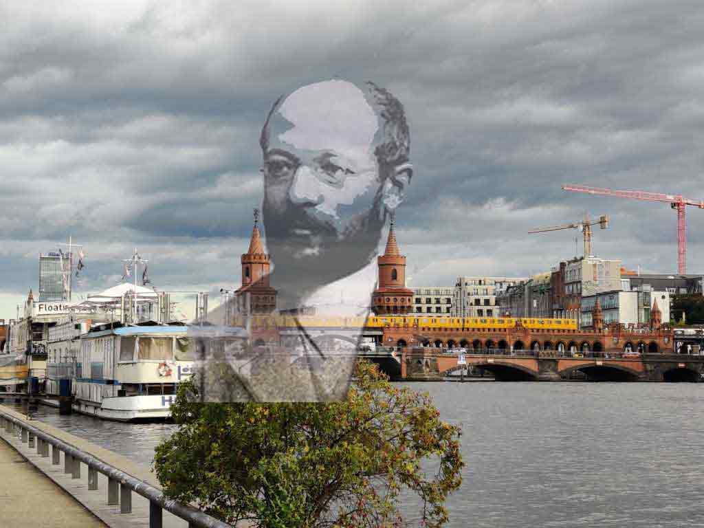 Coverbild Stadtsoziologie Person Georg Simmel Berlin kombiniertes Foto mit transparentem Portrait und dem SPreeufer im Hintergrund