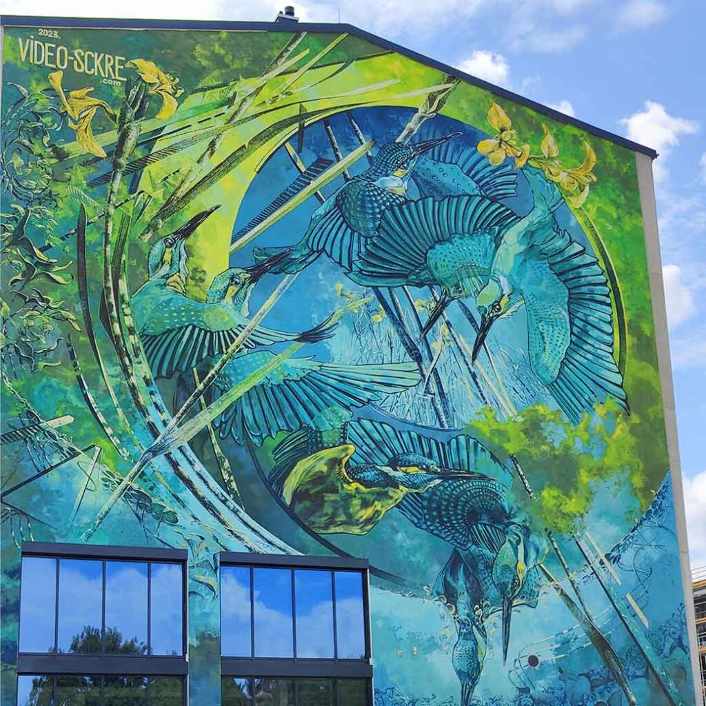 Detail des Streetart Werkes von VIDEO.SCKRE in Landsberg Papierbach, es zeigt einen fliegenden Eisvogel umgeben von abstrakter Fauna weiteren Vögeln, urbane Kunst Landsberg