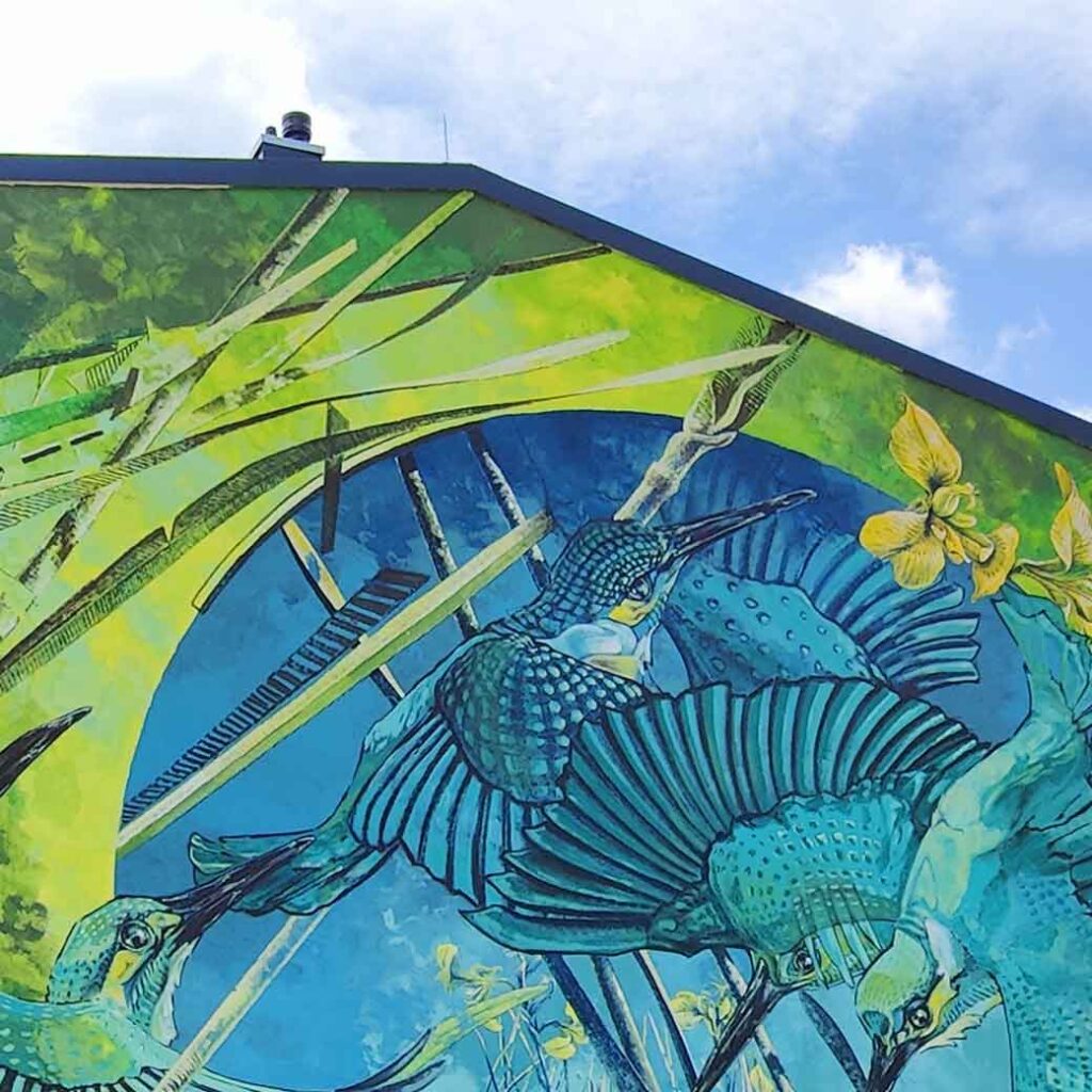 Detail des Streetart Werkes von VIDEO.SCKRE in Landsberg Papierbach, es zeigt einen fliegenden Eisvogel umgeben von abstrakter Fauna und zwei weiteren Vögelköpfen